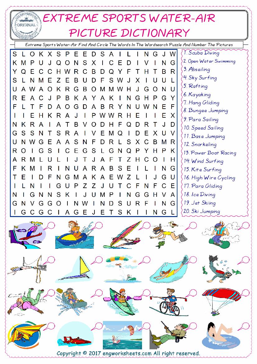  ESL wordsearch worksheets for kids, find Extreme Sports Water-Air words in the word wordsearch write its number on its picture English worksheet. 
